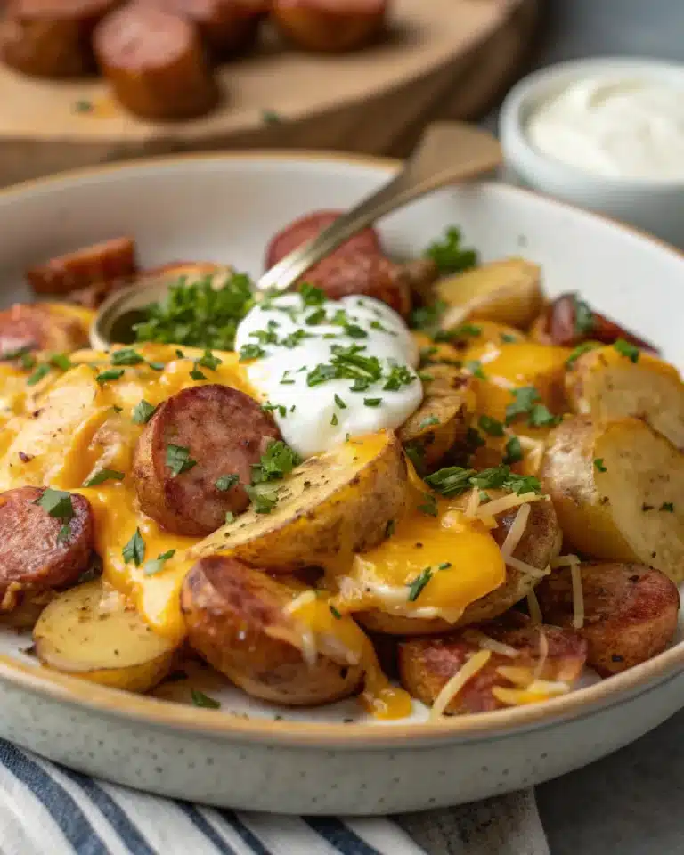 Cheesy potatoes and sausage topped with sour cream and parsley