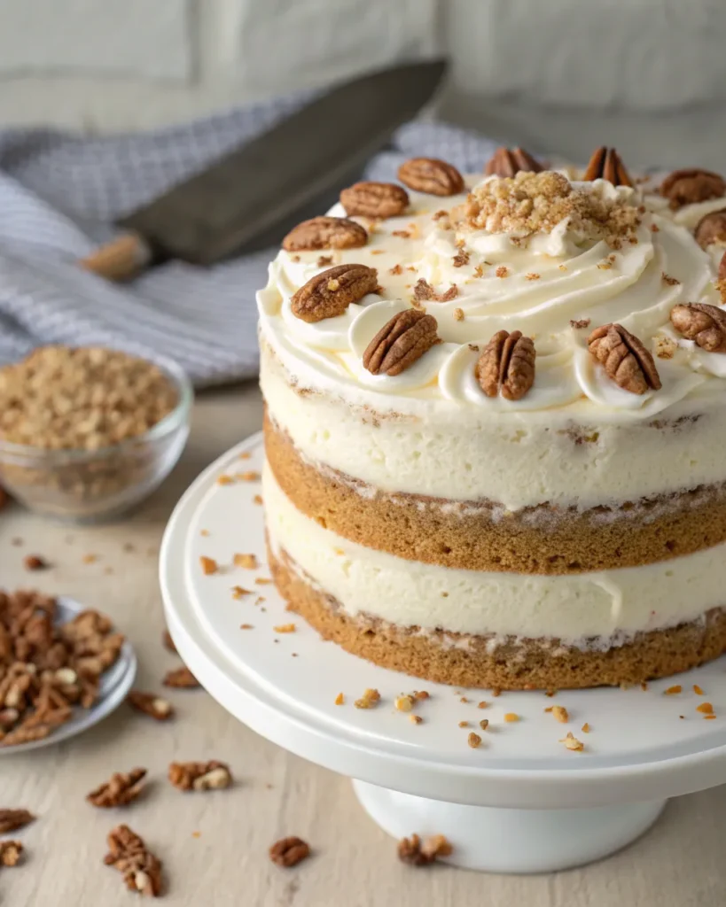 Three-layer naked butter pecan cake with piped frosting and whole pecans
