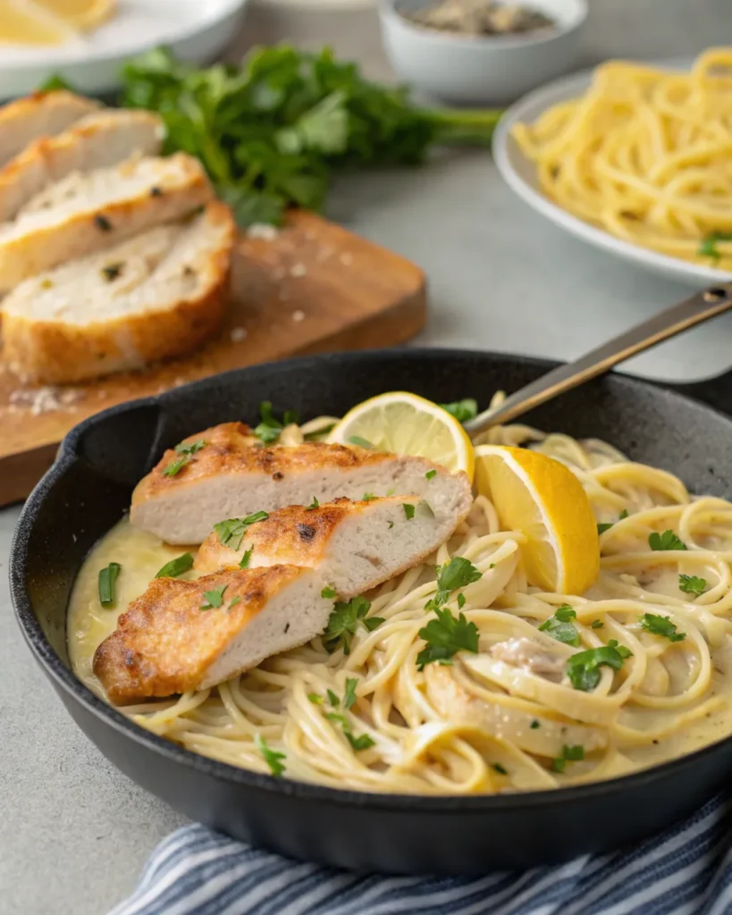 Skillet of cowboy butter chicken linguine with sliced chicken, lemon wedges, and parsley