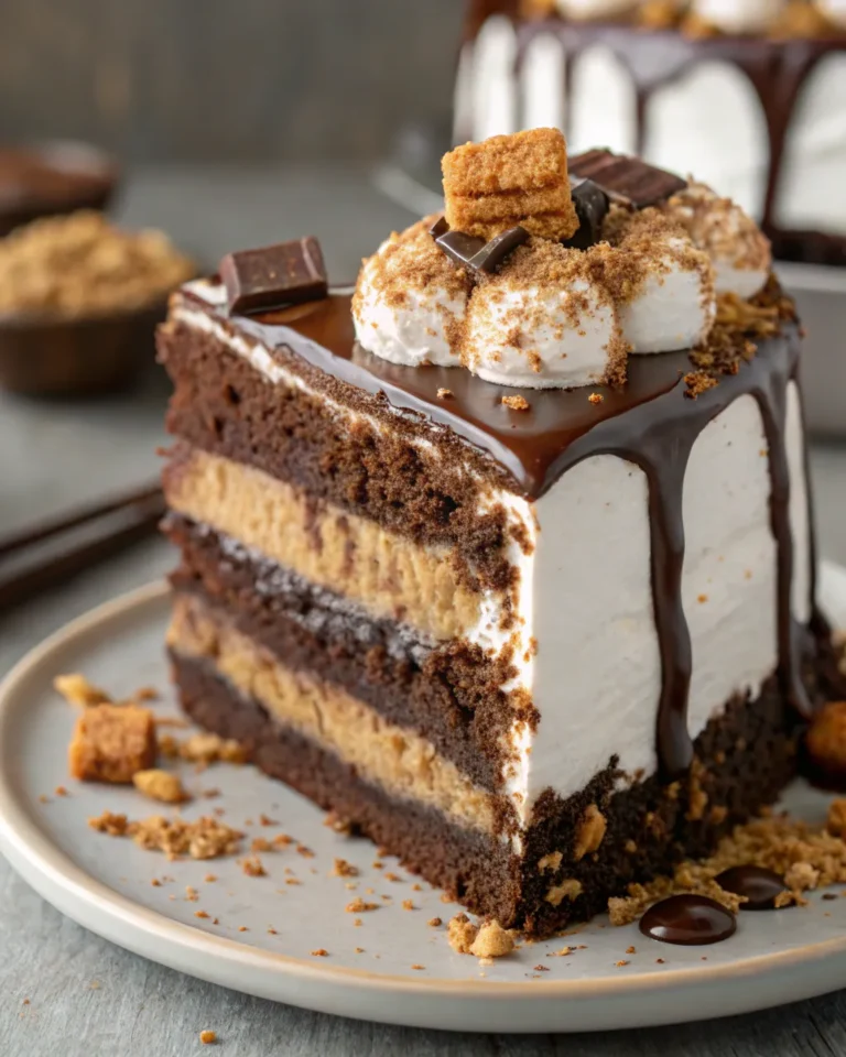 Slice of S’mores Cake with toasted marshmallow frosting and chocolate ganache