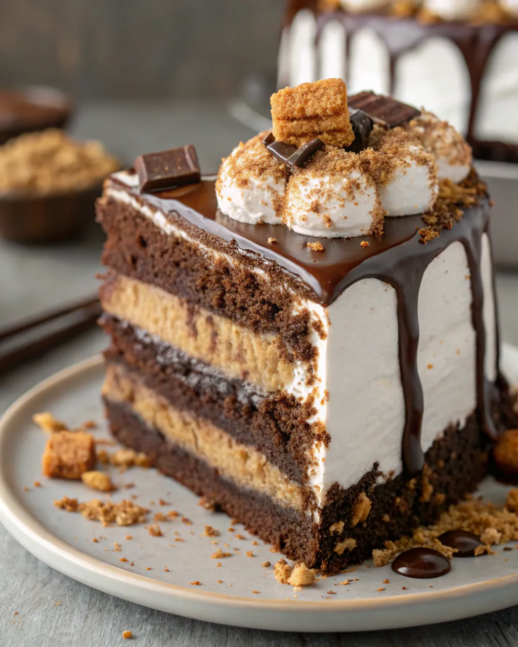Slice of S’mores Cake with toasted marshmallow frosting and chocolate ganache