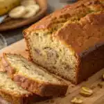 Sliced homemade banana bread with golden crust and moist center