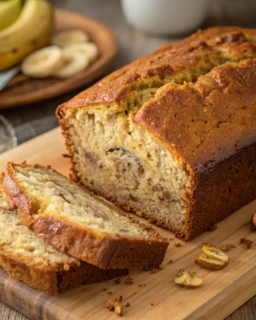 Sliced homemade banana bread with golden crust and moist center