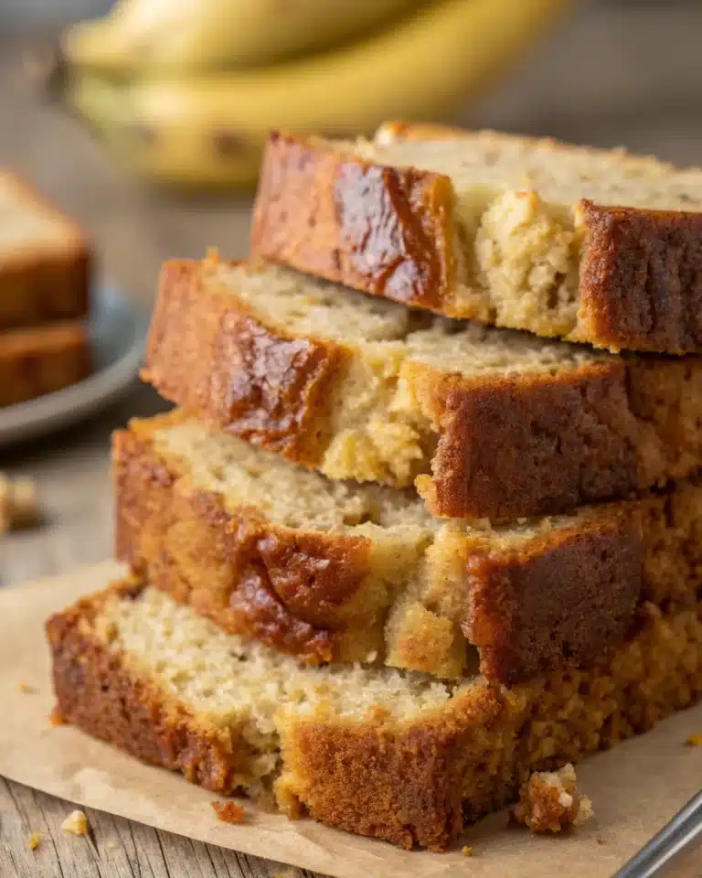 Stack of moist banana bread slices with golden brown crust