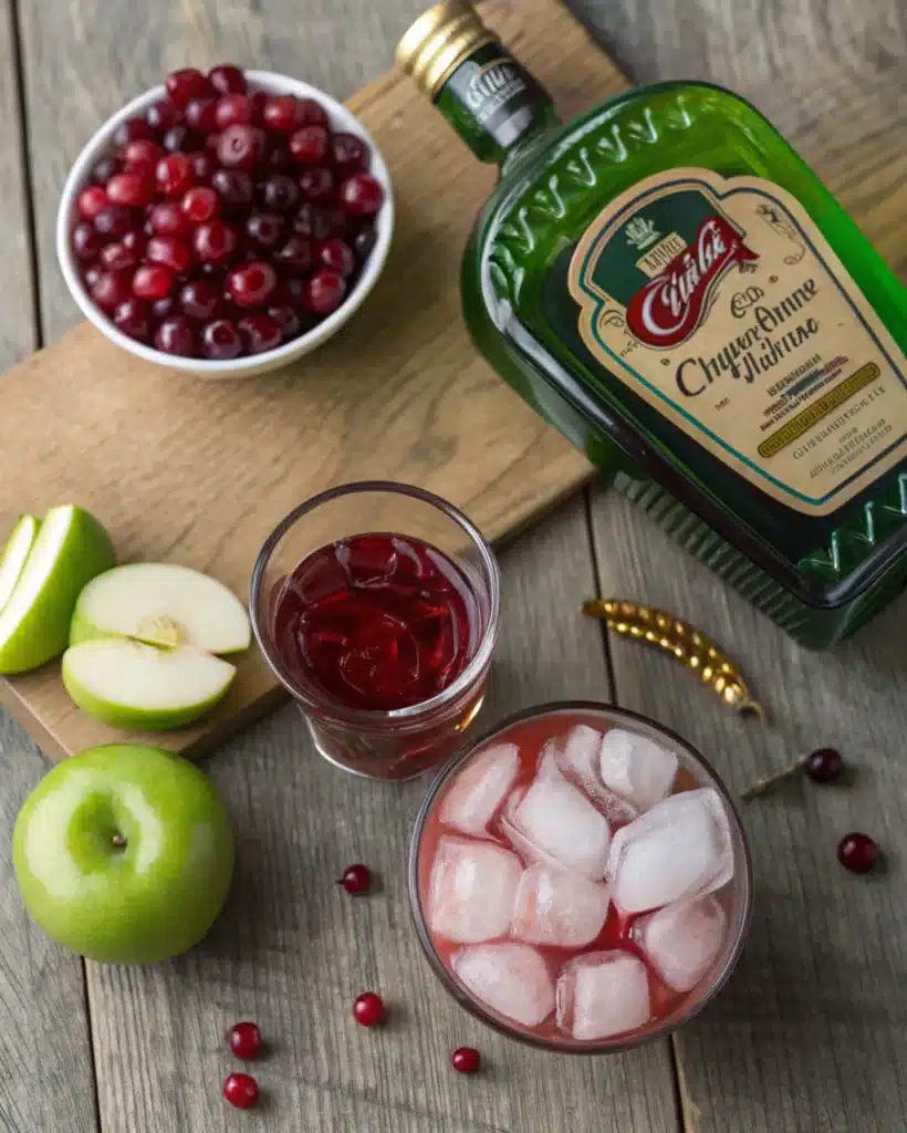 Washington Apple cocktail ingredients with green apples, cranberries, and sour apple schnapps.