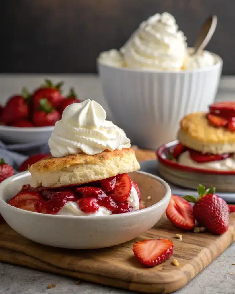 Assembled homemade strawberry shortcake with whipped cream and berries