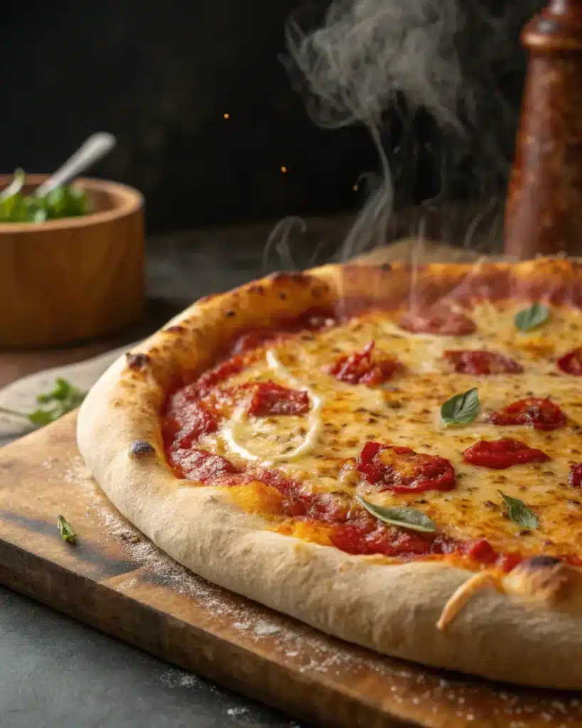 Freshly baked pizza with puffy crust, bubbling cheese, and tomato topping Freshly baked pizza with puffy crust, bubbling cheese, and tomato topping
