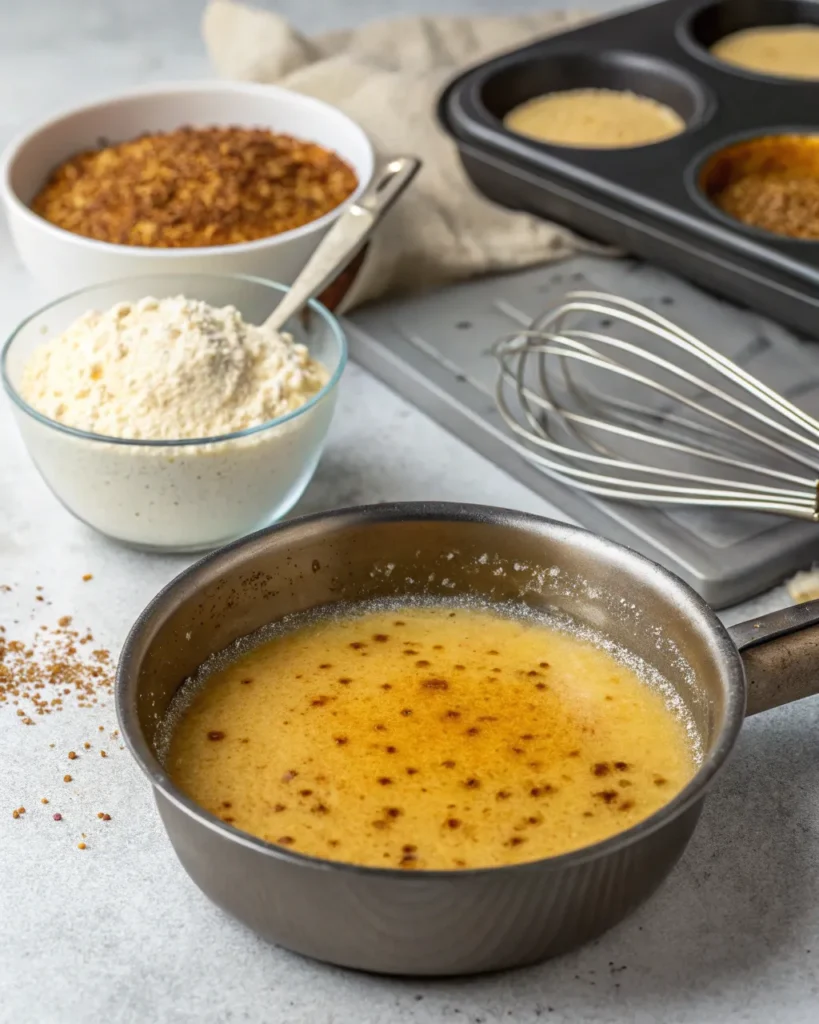 Browned butter in a saucepan with flour and pecans ready for butter pecan cake