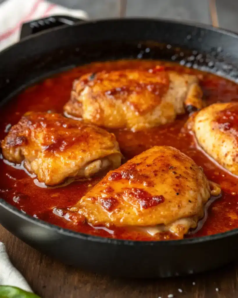 Chicken simmering in sticky sweet chili sauce in skillet