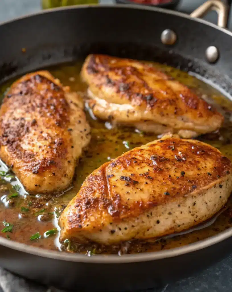 Golden-brown chicken breasts searing in a skillet for smothered chicken and rice.