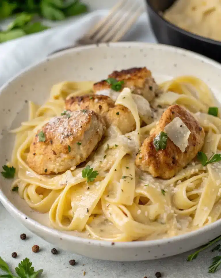 Garlic butter chicken bites over creamy parmesan fettuccine pasta