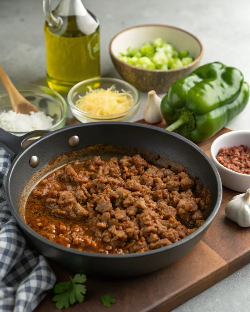 Ground beef browning in a skillet with chili ingredients in background