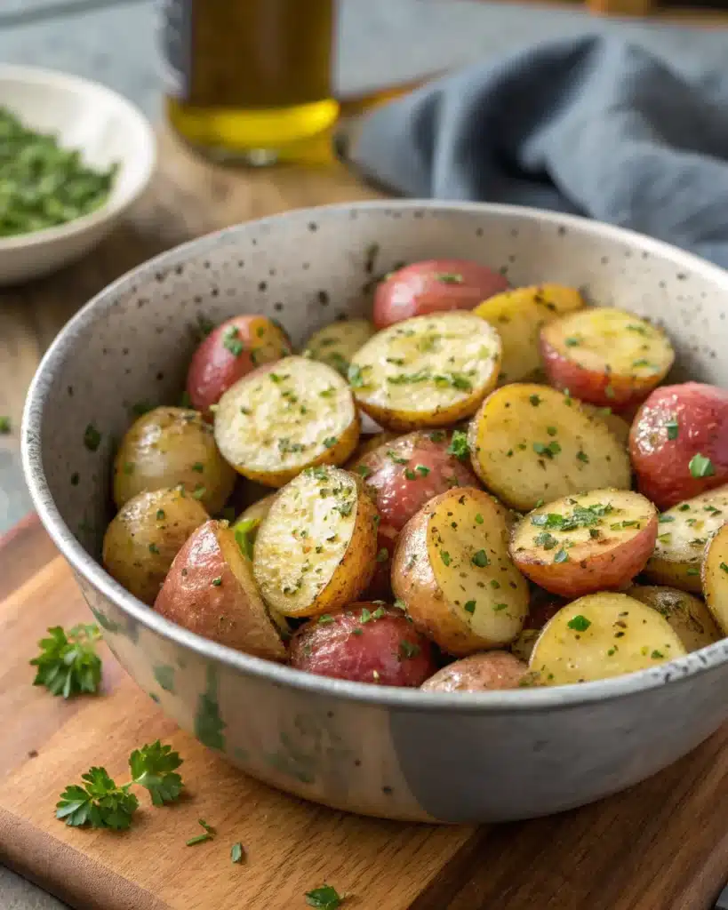 Seasoned baby potatoes tossed with herbs in a rustic bowl