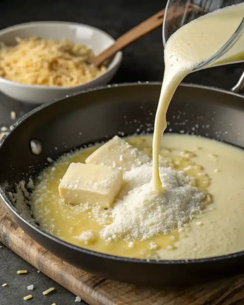Cream, butter, and parmesan cheese melting in a skillet for pasta sauce