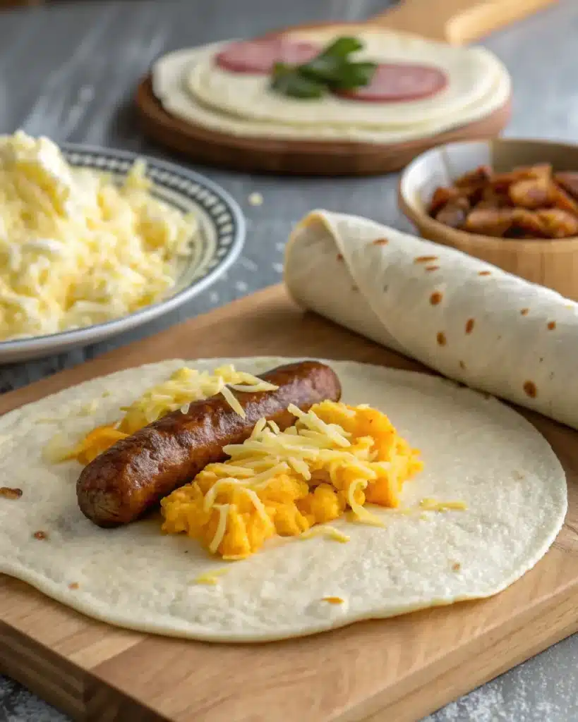Sausage egg and cheese breakfast roll-up being assembled on a tortilla