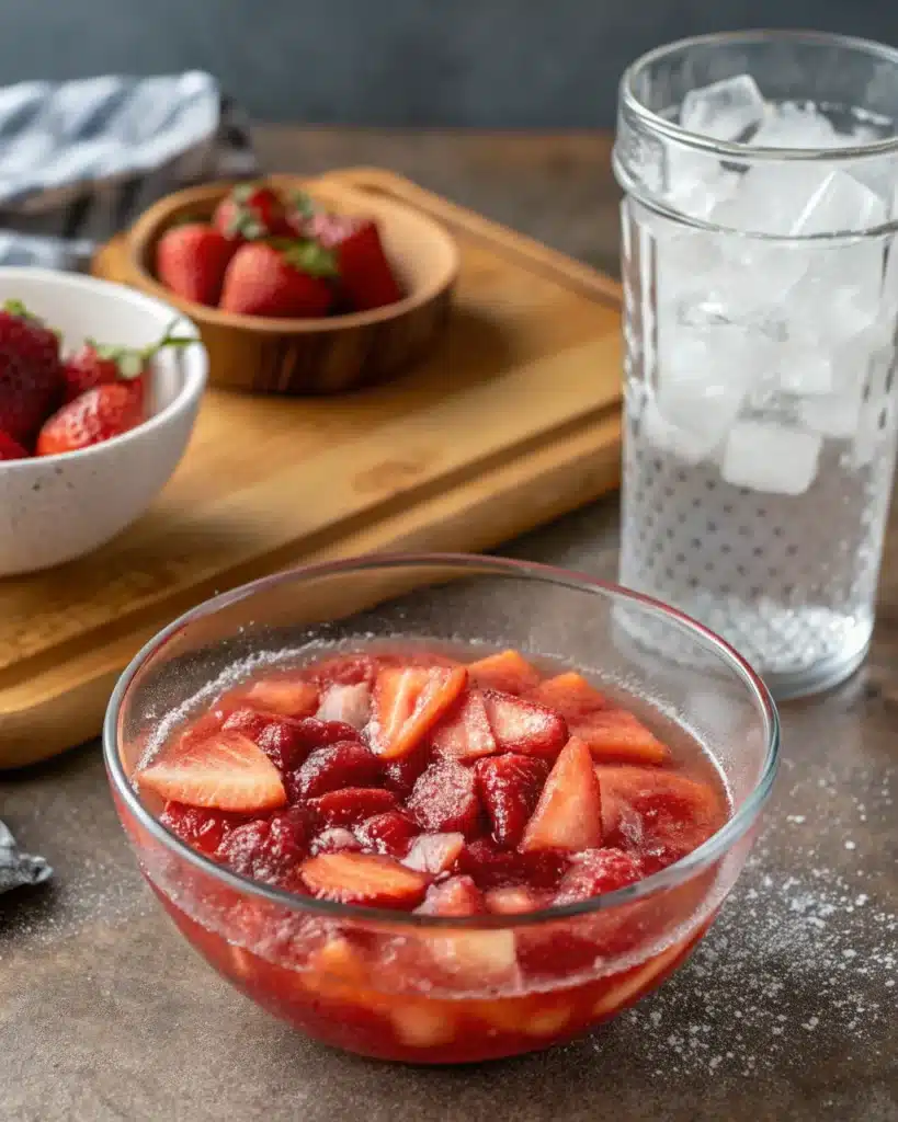 Bowl of muddled strawberries with sugar for matcha latte base