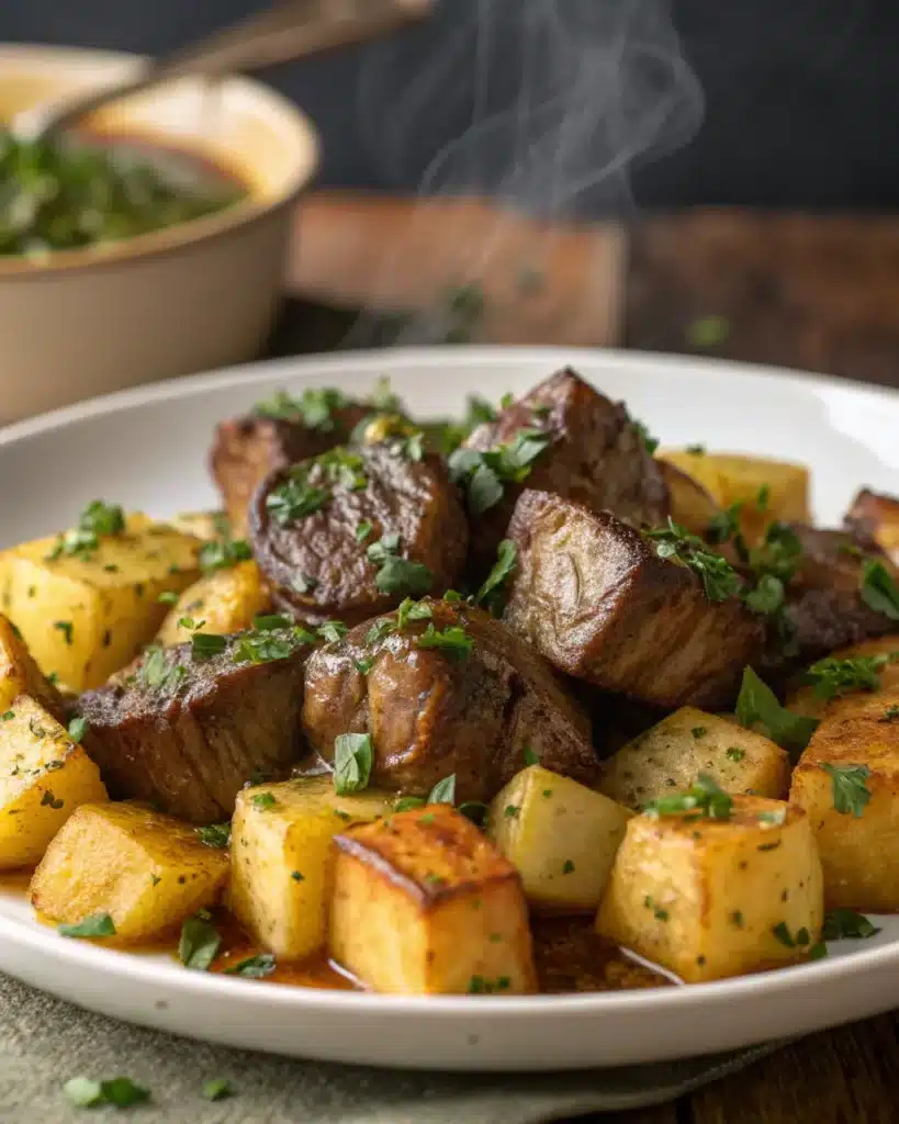 Garlic butter steak bites served with crispy potatoes on a white plate.