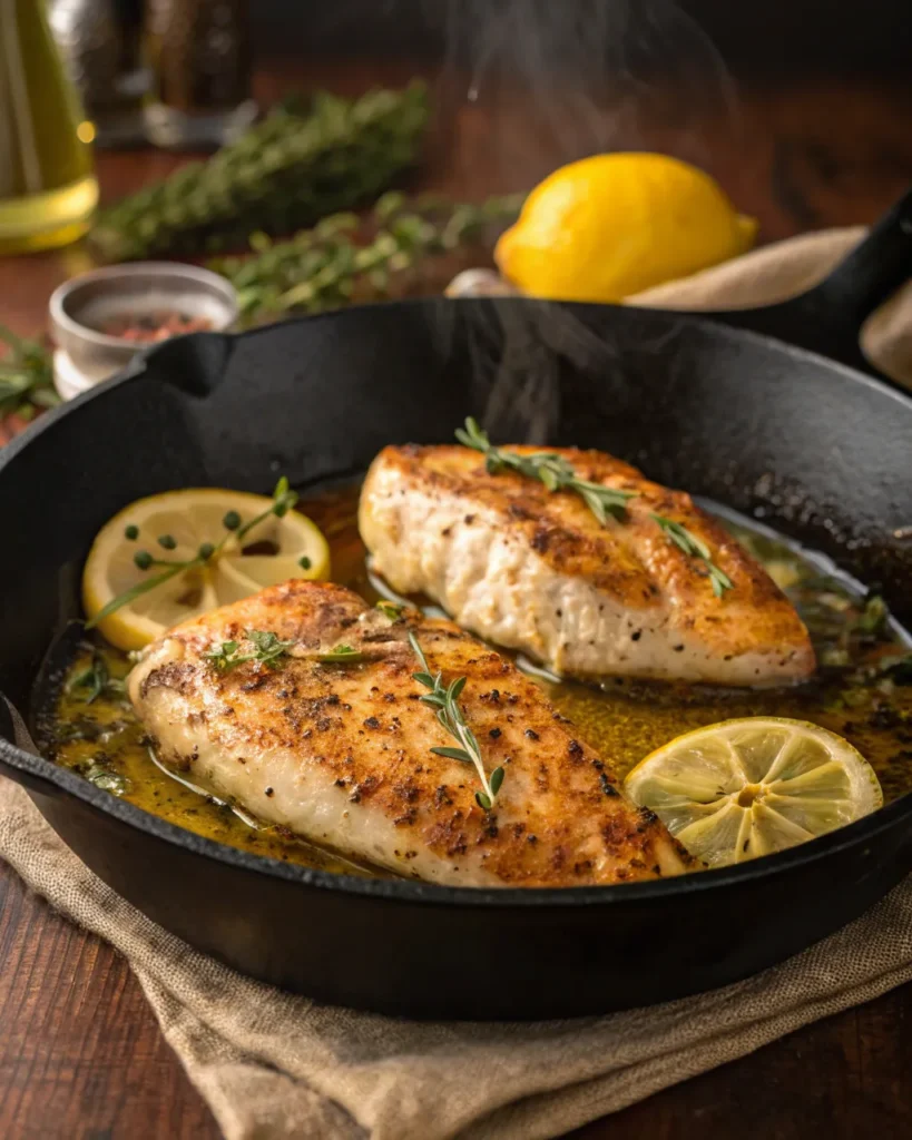 Lemon pepper chicken searing in a cast iron skillet with lemon slices