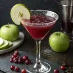 Washington Apple cocktail in a sugar-rimmed glass with apple slice garnish and cranberries.