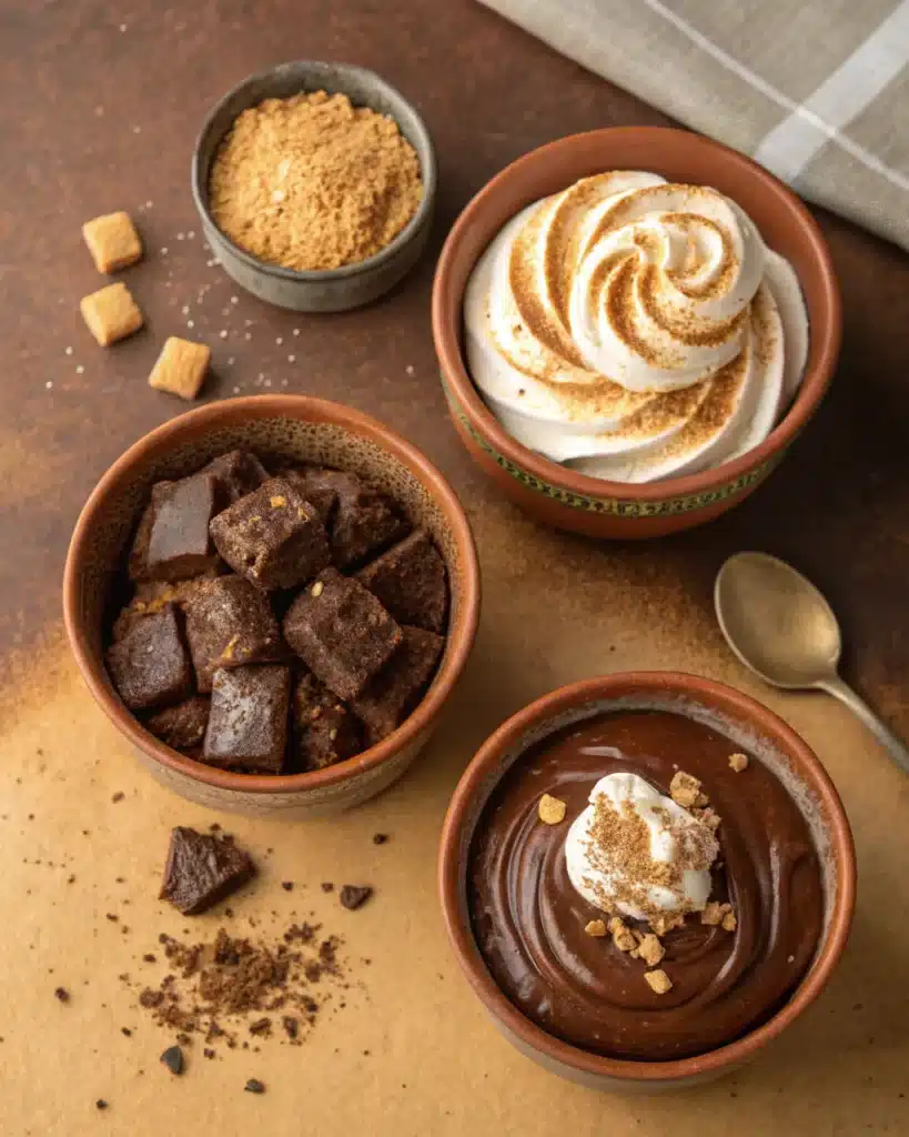 Bowls of toasted marshmallow frosting, graham crumbs, and chocolate ganache