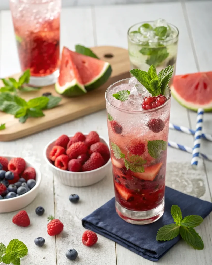 Red, white, and blue mojitos with fresh berries, watermelon, and mint on a summer table.