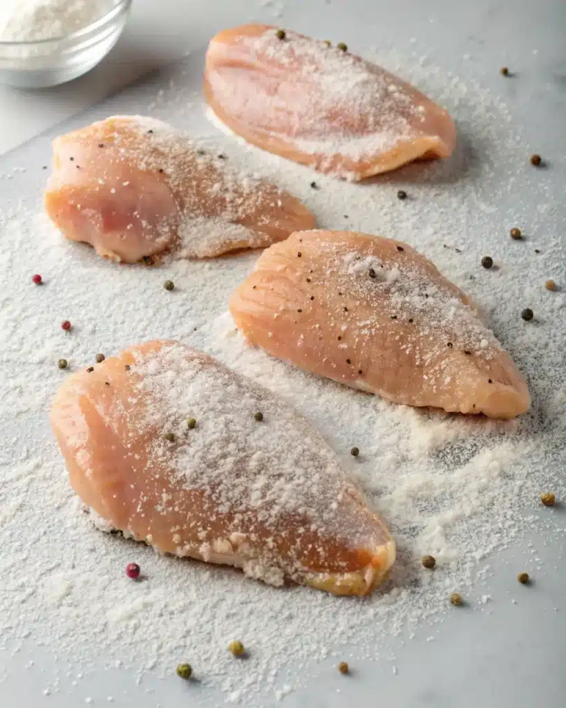 Raw chicken breasts coated in cornstarch and pepper for frying