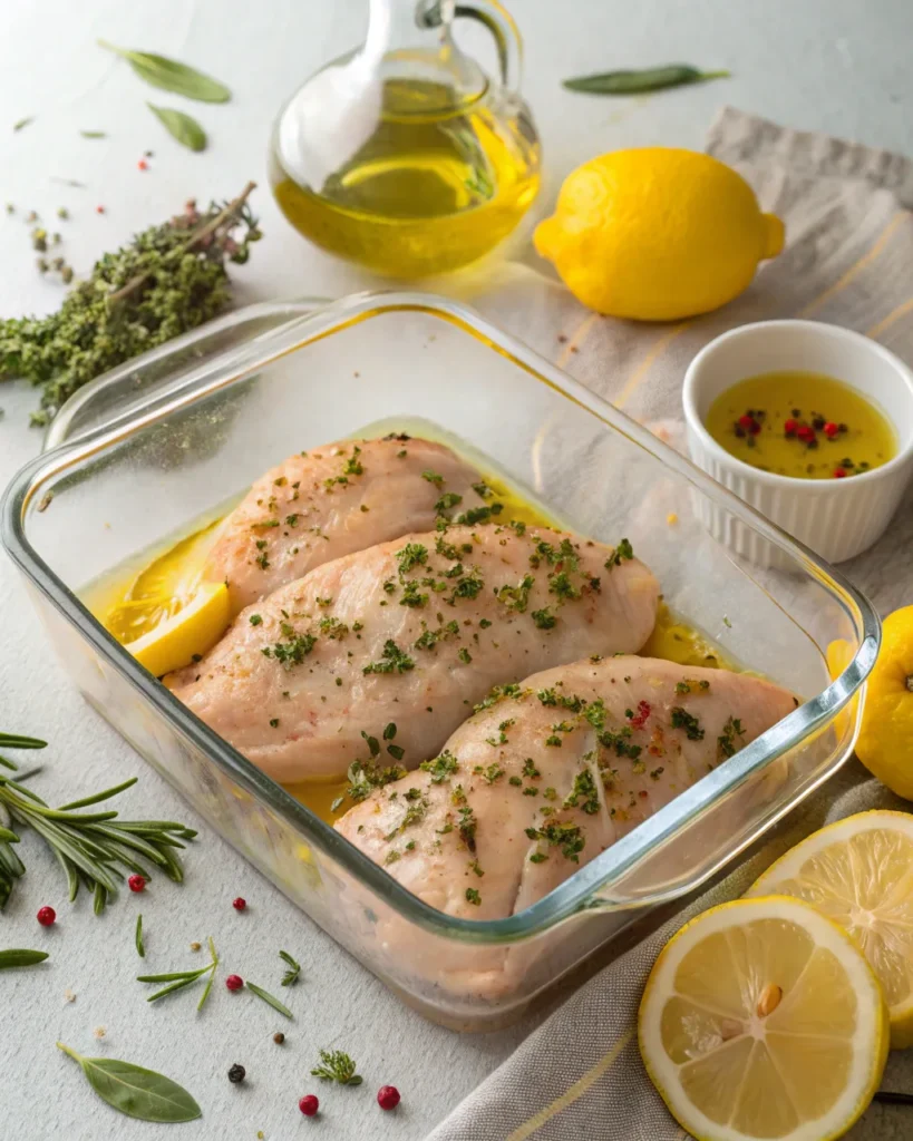 Raw chicken breasts marinating in lemon, olive oil, and herbs