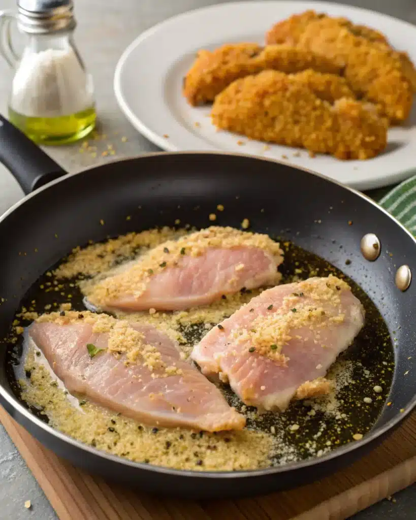 Raw Parmesan-coated chicken breasts frying in olive oil in skillet