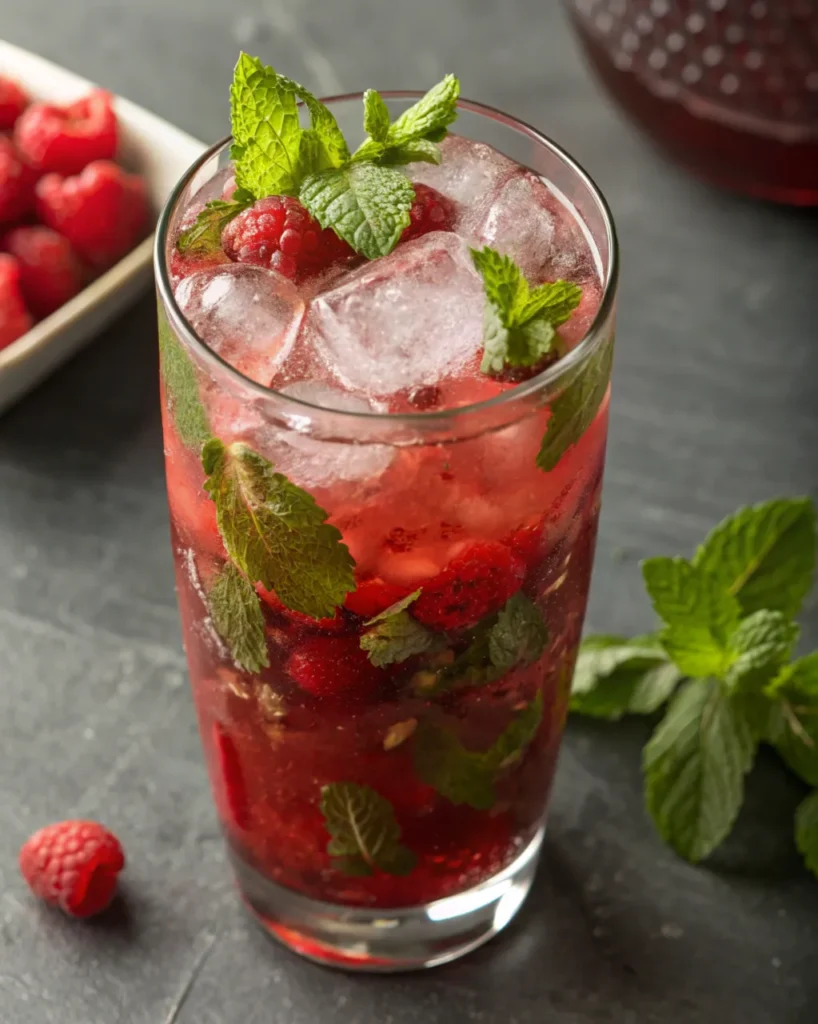 Close-up of a raspberry and mint mojito with ice in a tall glass.