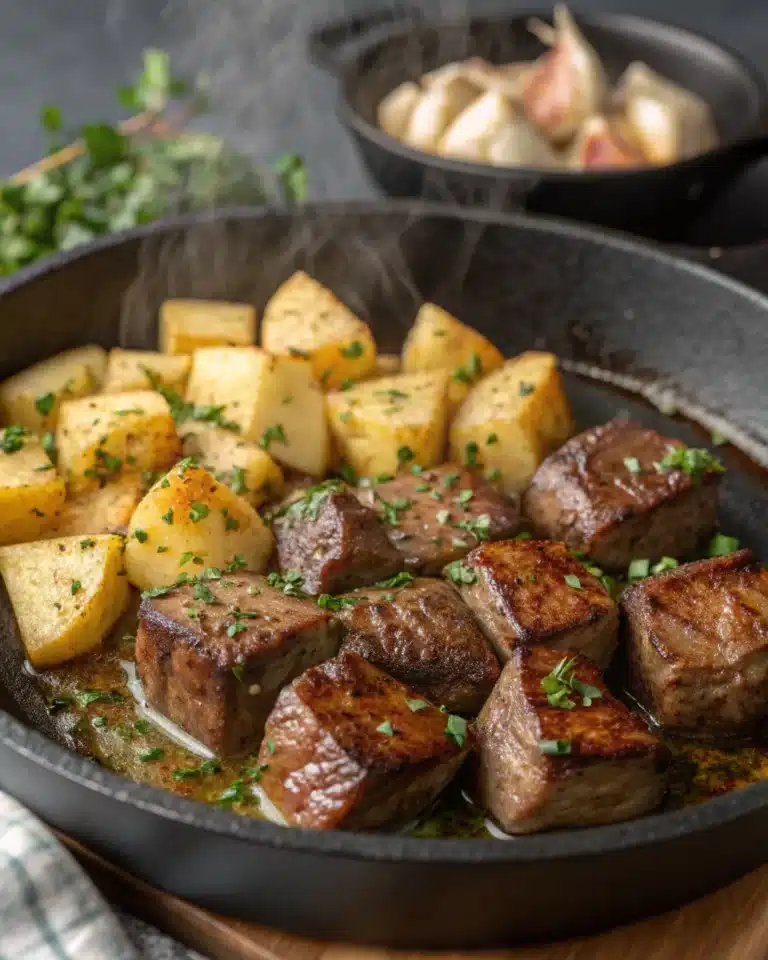 Garlic butter steak bites and golden potatoes in a cast iron skillet.