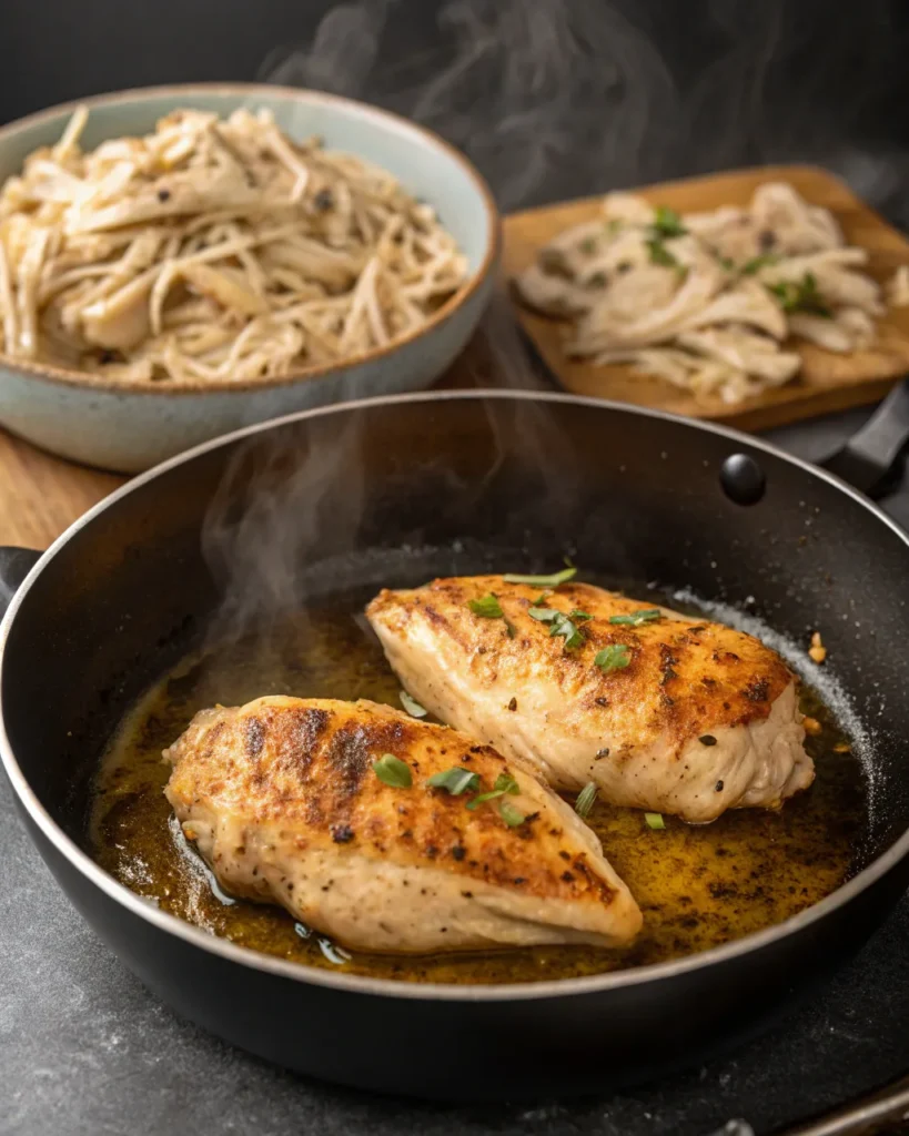 Seared chicken breasts in a skillet with shredded chicken in background