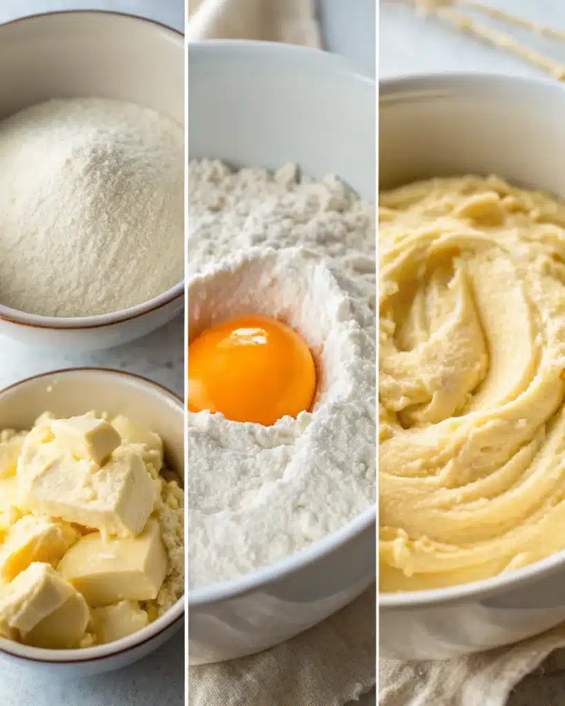Classic banana bread batter process with flour, eggs, and butter
