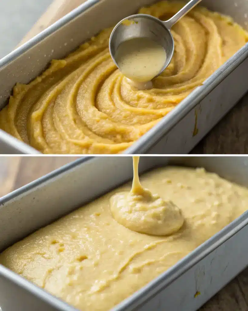 Pouring banana bread batter into loaf pans for baking
