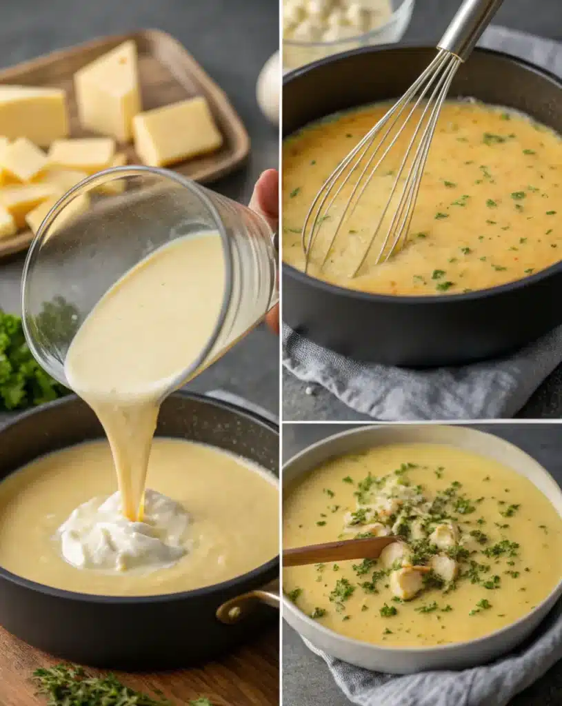 Step-by-step process of making creamy cheese sauce for smothered chicken and rice.