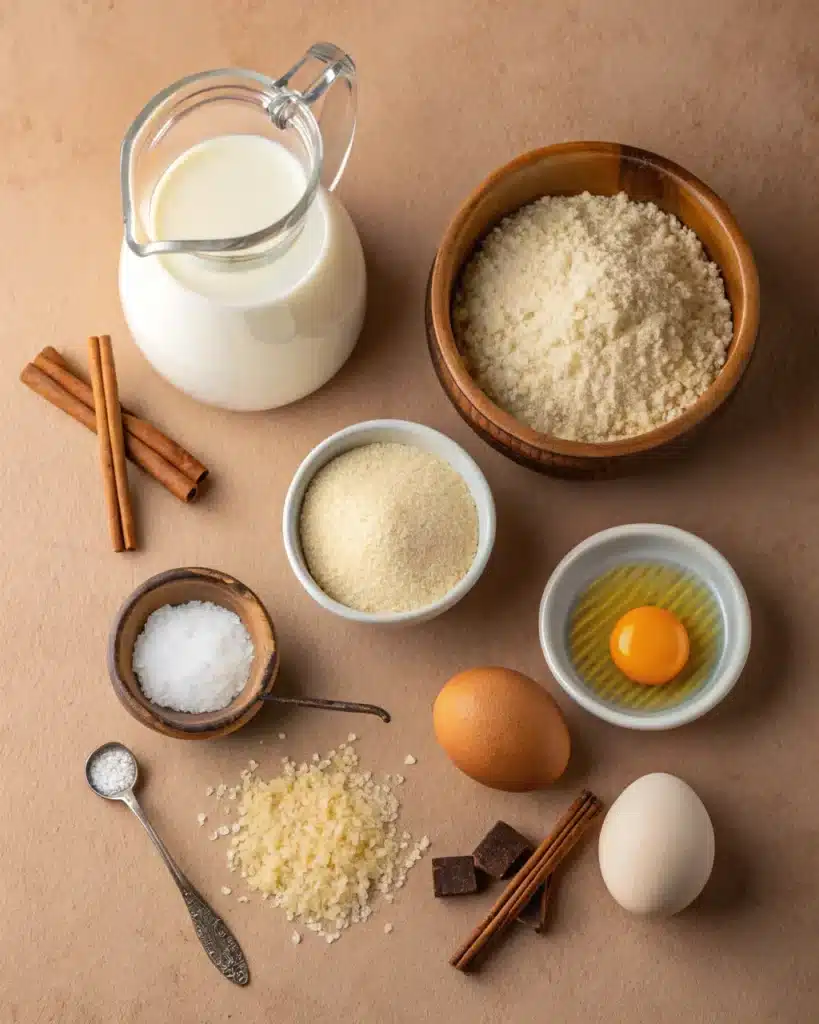 Ingredients for old-fashioned rice pudding including milk, rice, eggs, sugar, salt, and cinnamon
