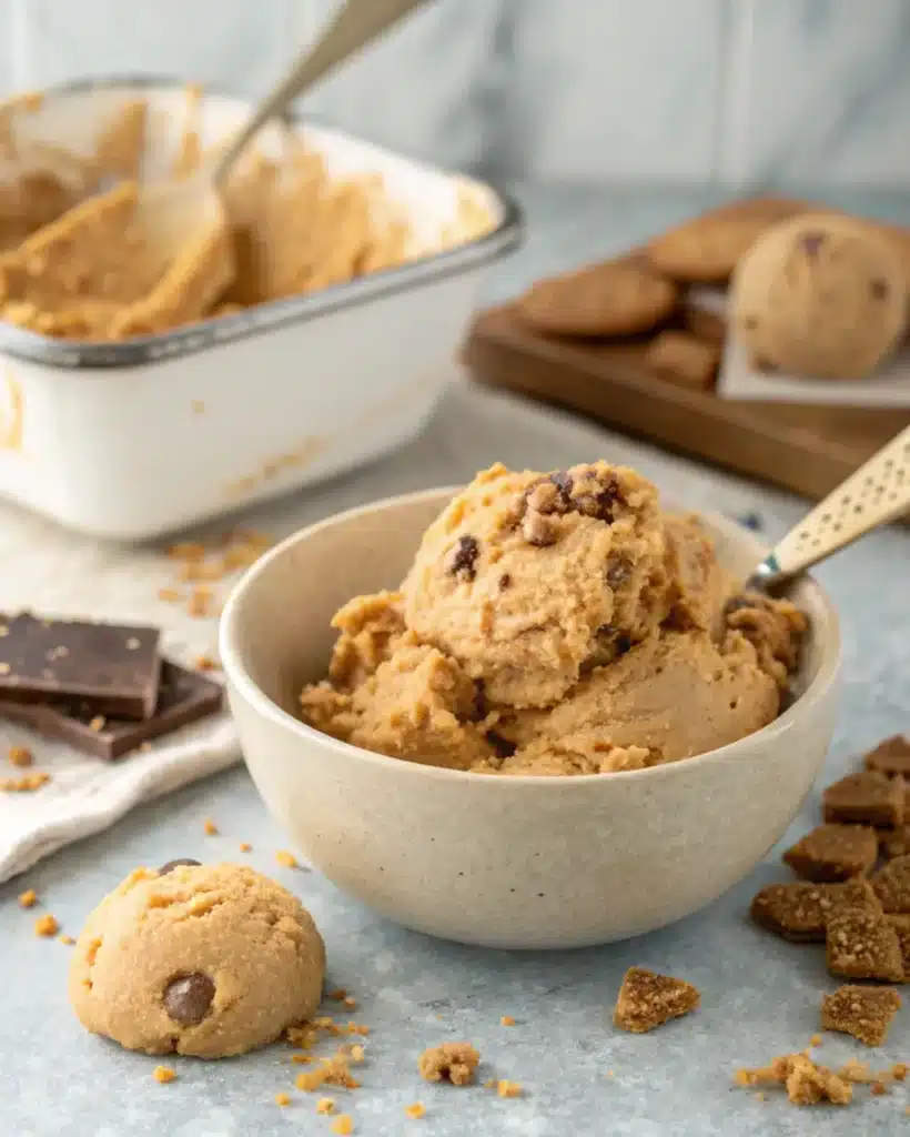 Scoops of chilled chocolate chip cookie dough in bowl