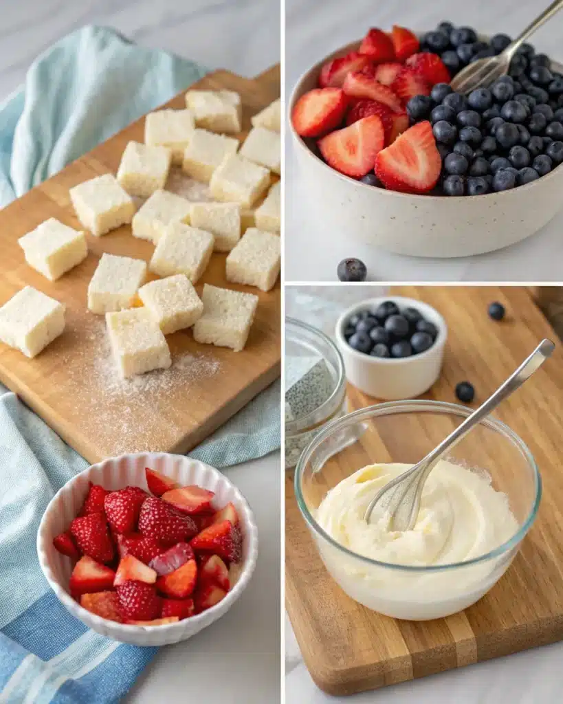 Prepped ingredients for patriotic trifle: cake cubes, strawberries, blueberries, and white chocolate pudding
