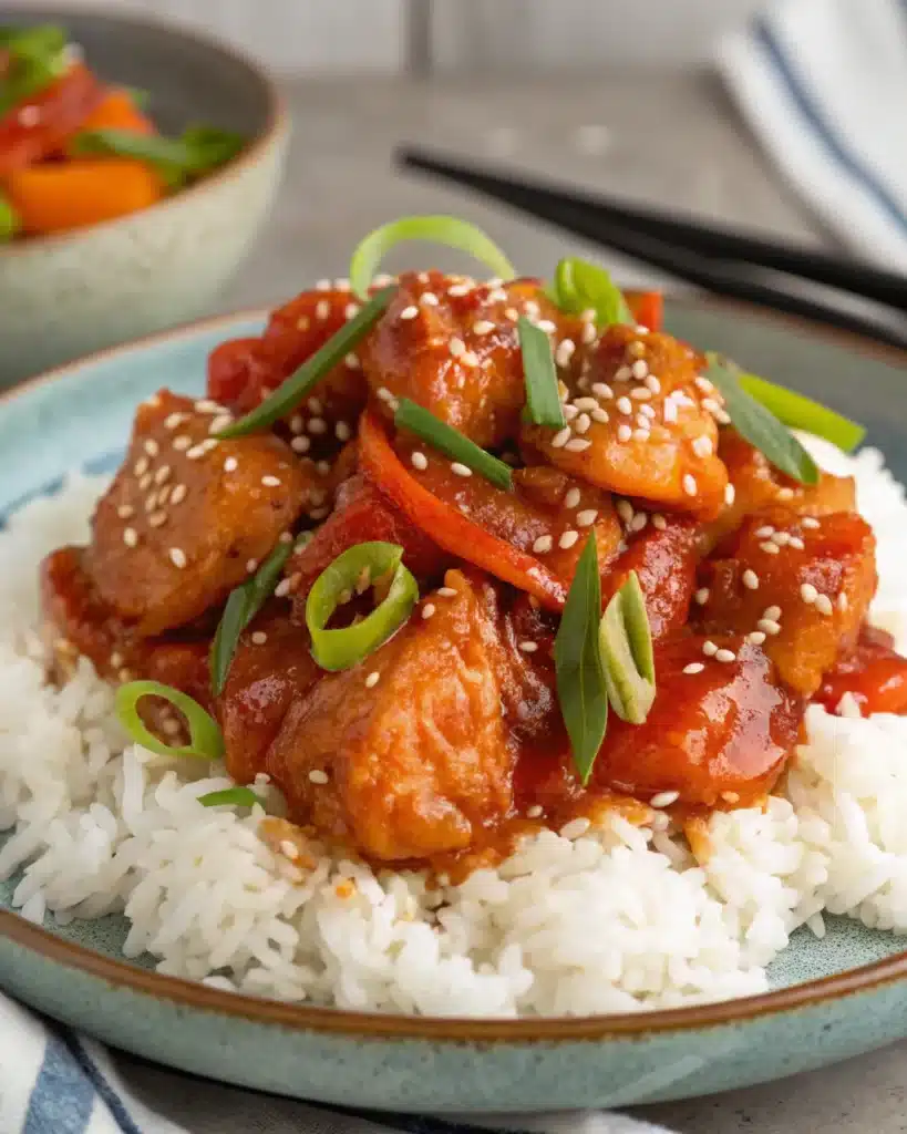 Sweet chili chicken with bell peppers over white rice, topped with scallions