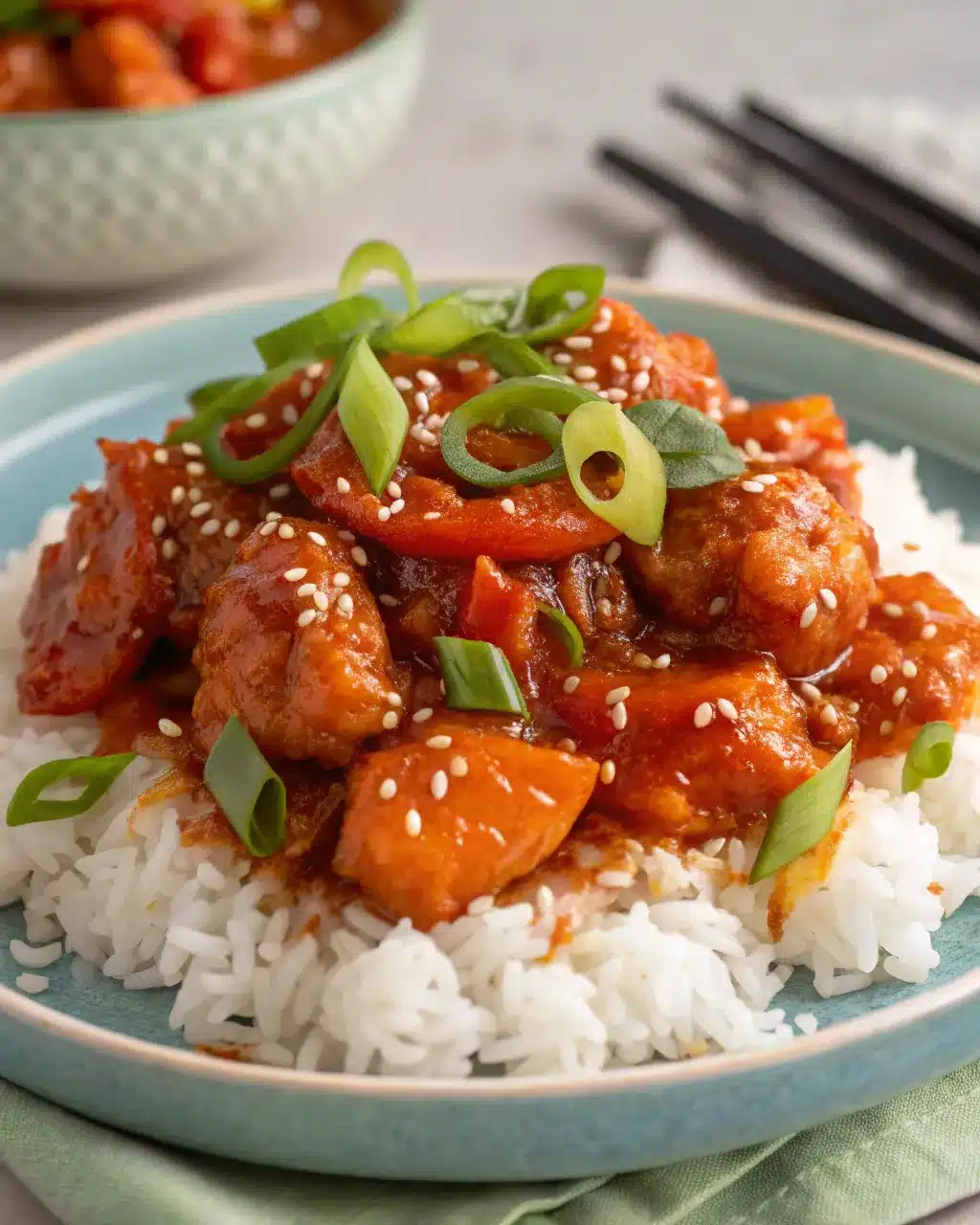 Sweet chili chicken served on jasmine rice with sesame seeds