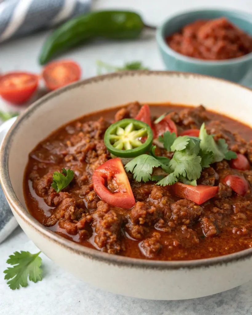 Texas no beans chili topped with tomato, jalapeño, and cilantro