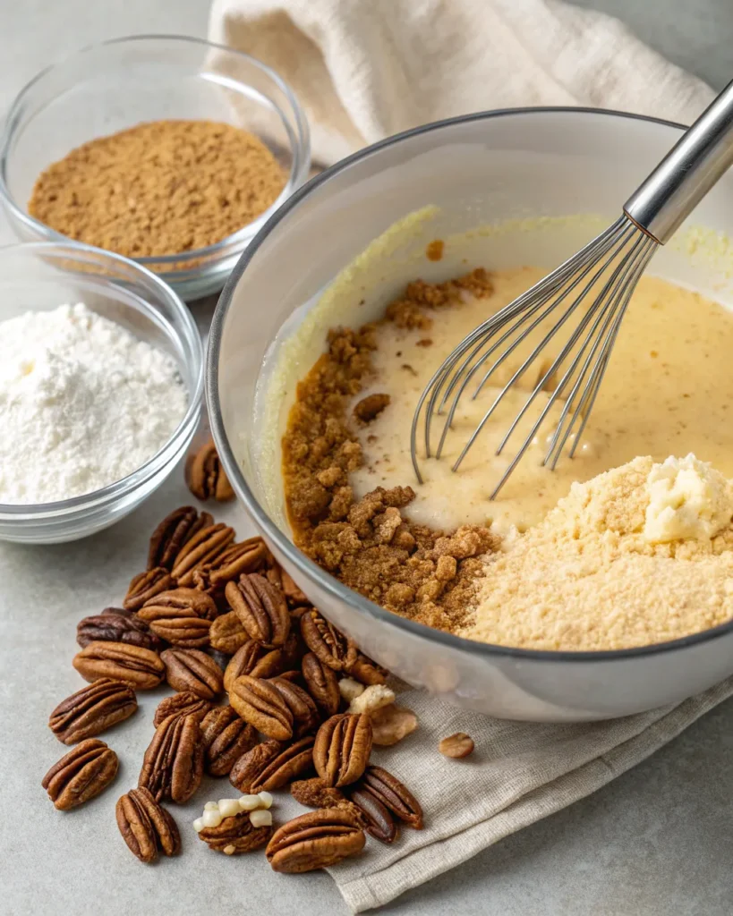 Butter pecan cake batter being mixed with brown sugar, flour, and chopped pecans