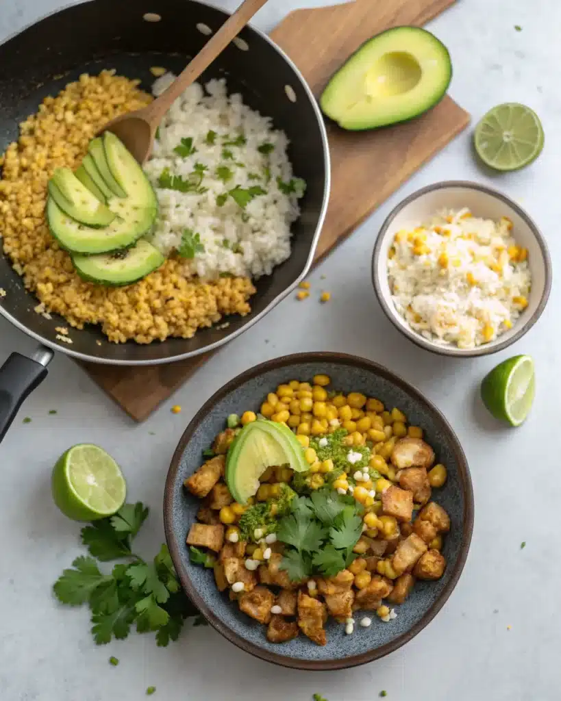 Street corn chicken bowl being assembled with rice, corn, avocado, cilantro, and cheese