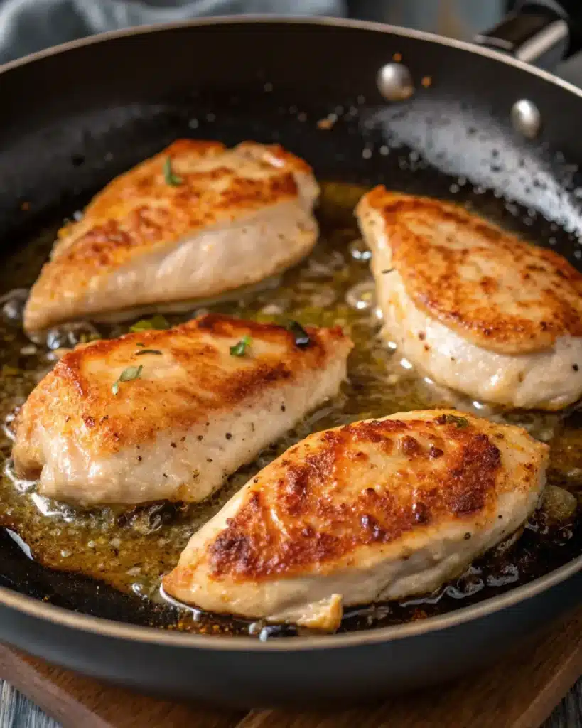 Golden seared chicken breasts cooking in a skillet for sweet chili recipe