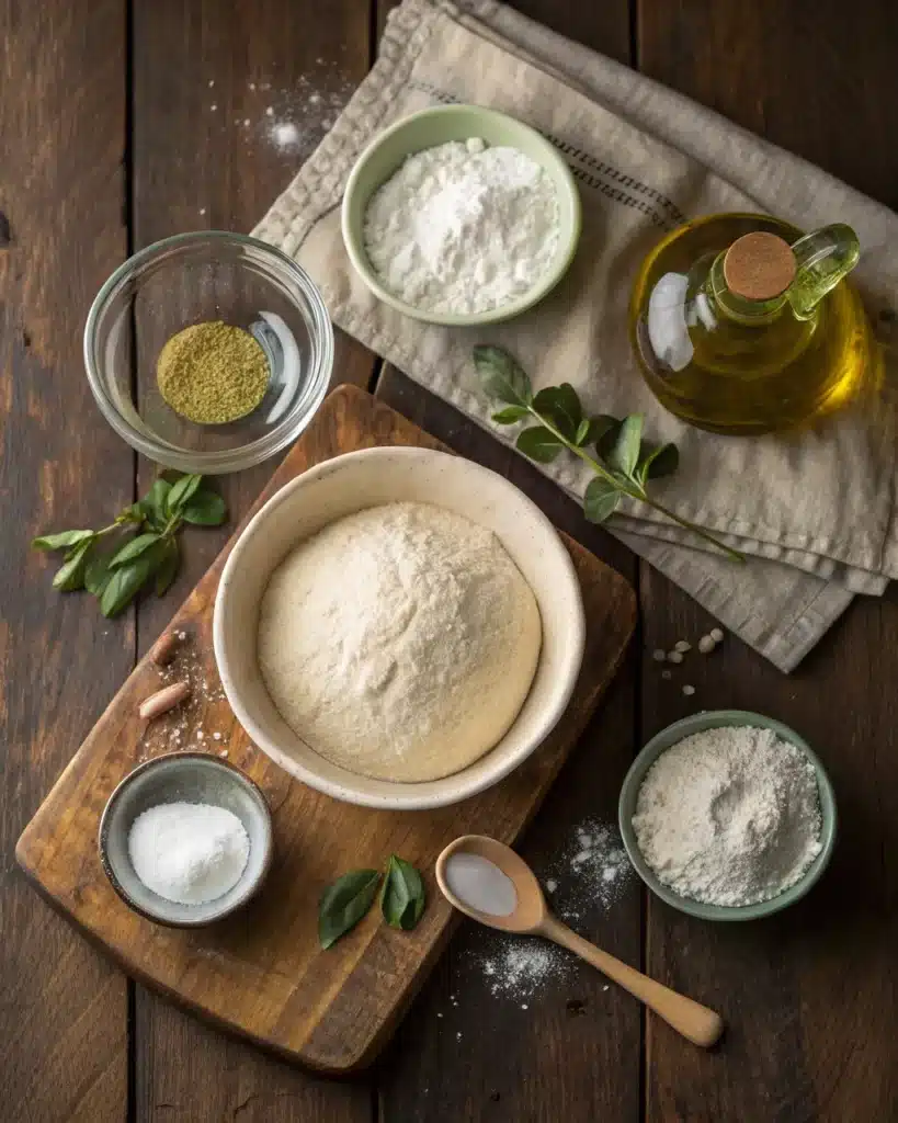 Pizza dough recipe ingredients: flour, salt, yeast, and olive oil on wooden board