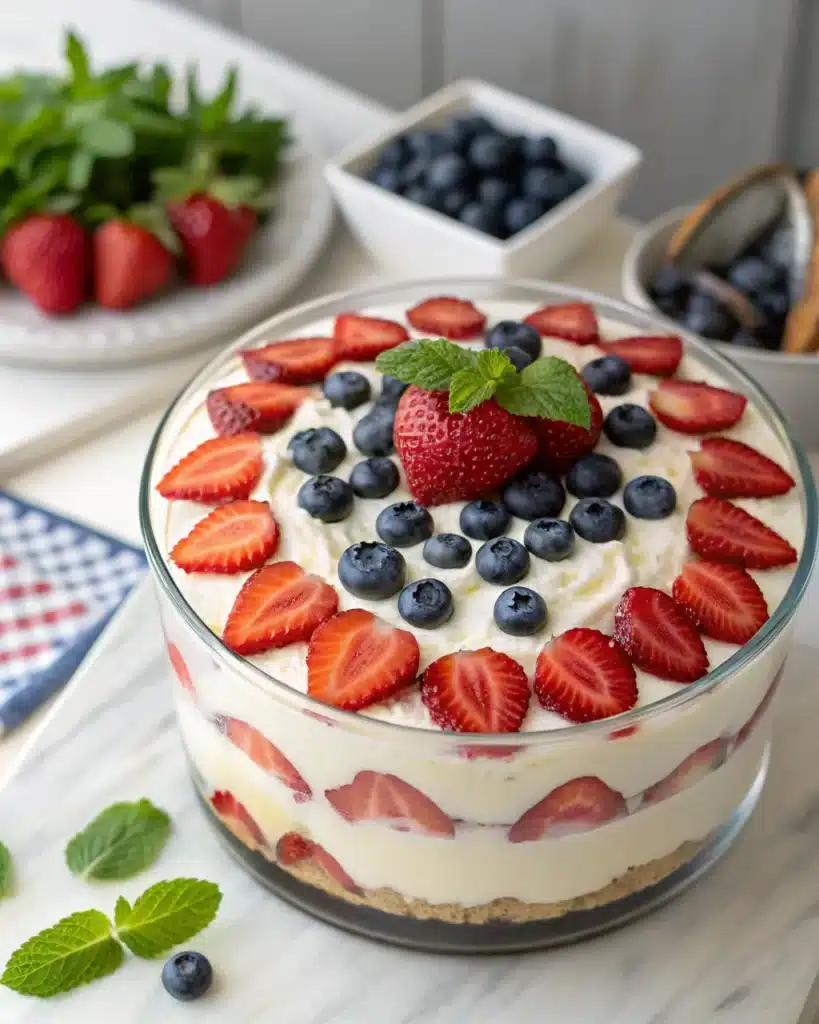 Layered 4th of July trifle topped with strawberries, blueberries, and mint in a glass bowl