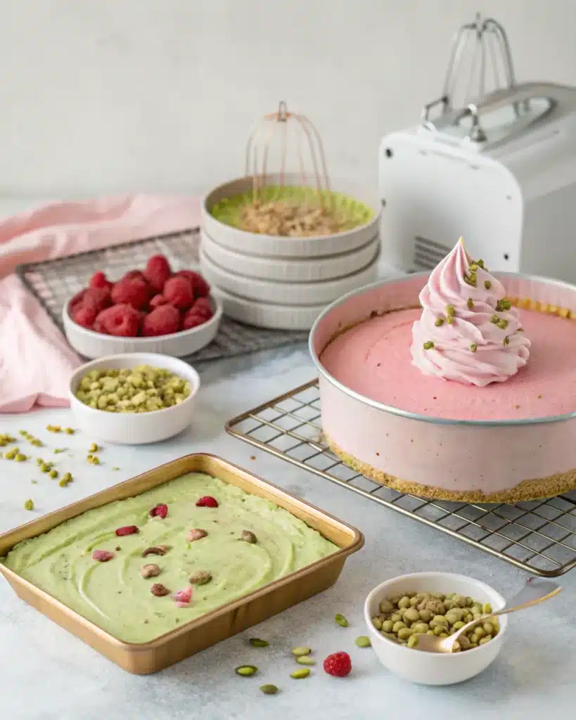 Frosted Pistachio Raspberry Cake Recipe with Whipped Buttercream and Essential Baking Tools.