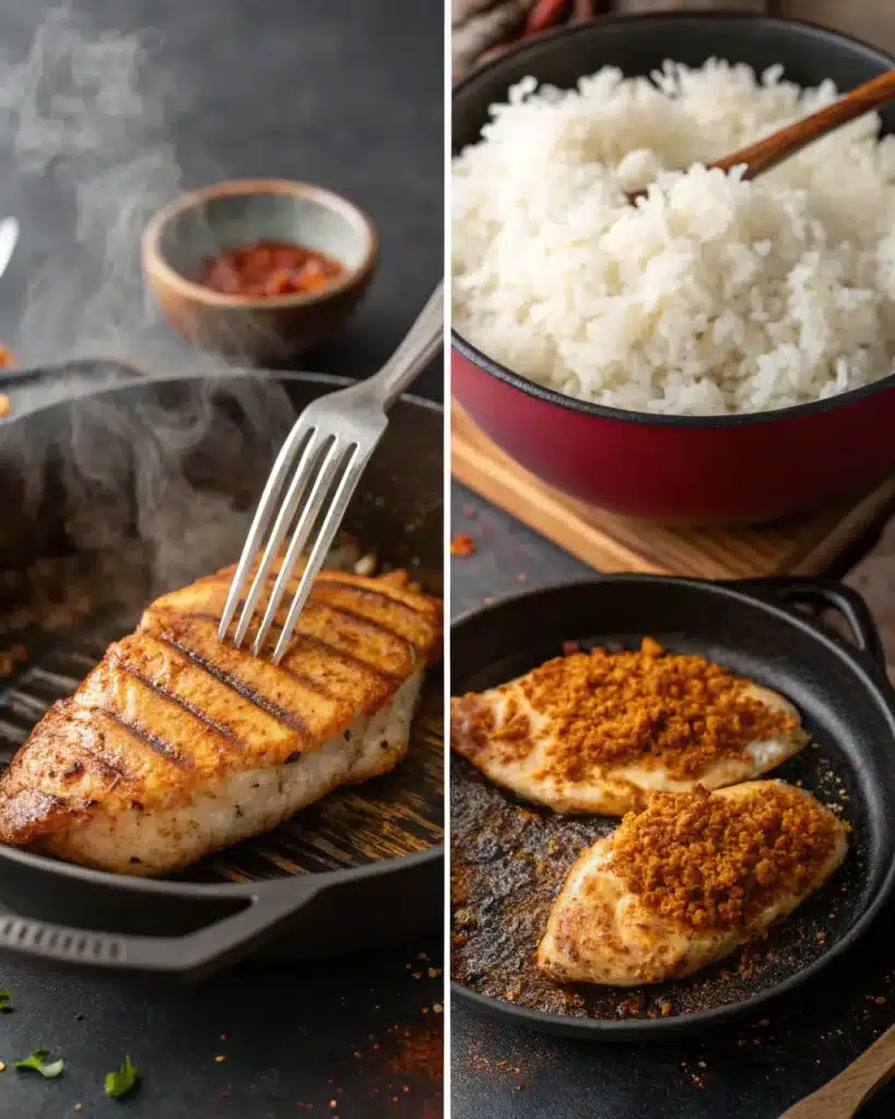 Grilling seasoned chicken breasts and cooking rice for street corn chicken bowl