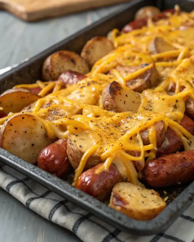 Sheet pan of roasted sausage and potatoes covered in melted cheese