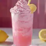 Frosty glass of whipped pink lemonade with lemon wedge and swirled topping