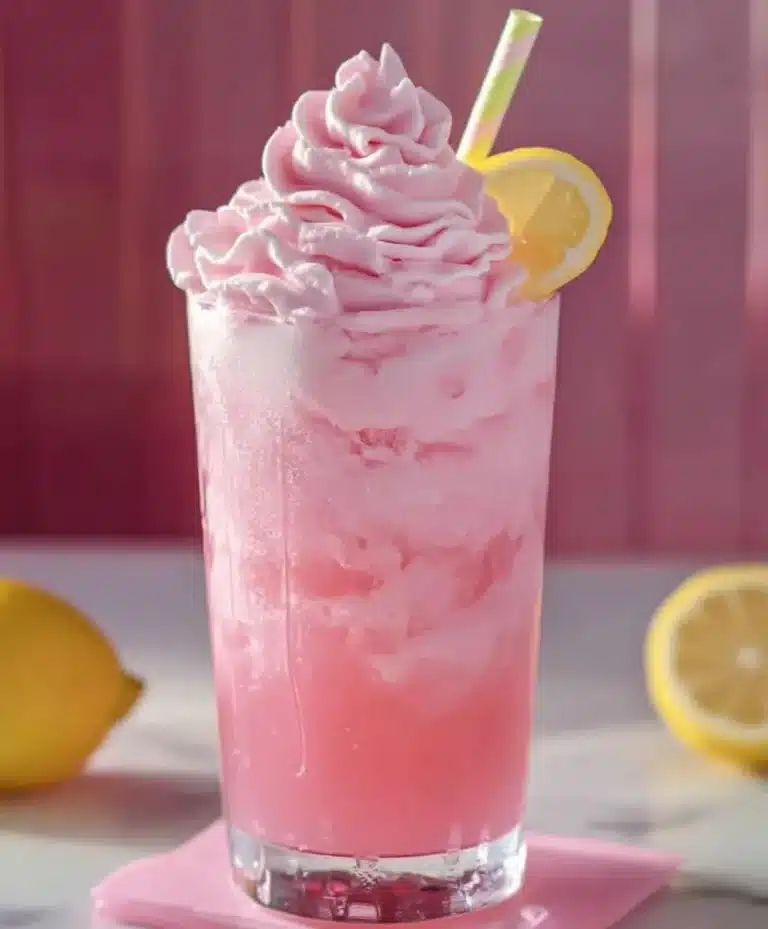 Frosty glass of whipped pink lemonade with lemon wedge and swirled topping